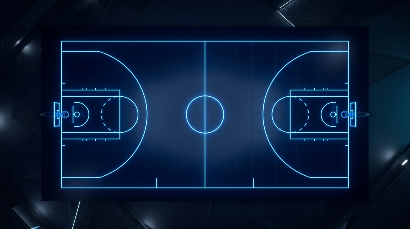 Basketball court lines glowing under arena lights