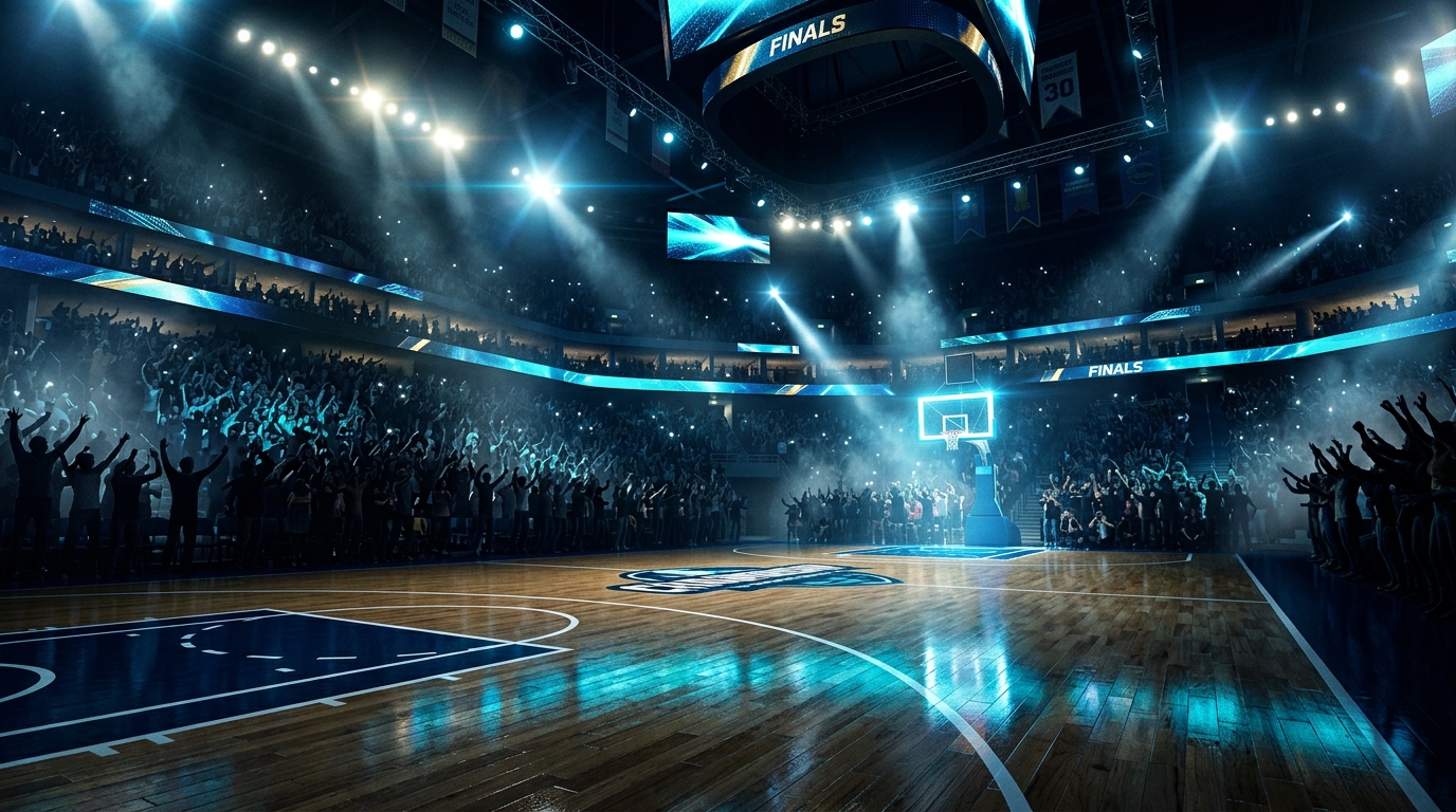 Championship basketball arena under dramatic stadium spotlight beams with roaring crowd