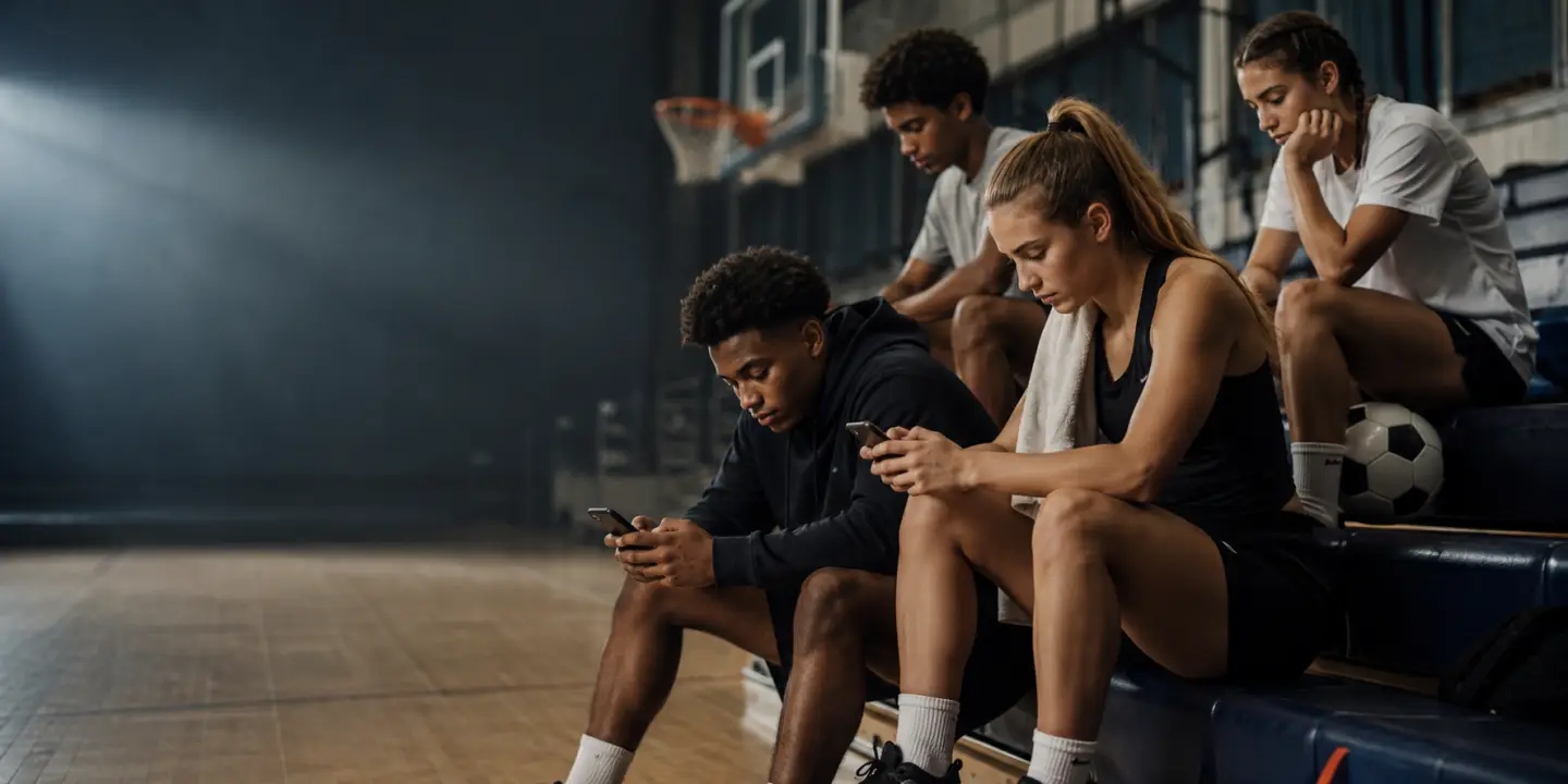 Athletes reviewing recruiting opportunities together in a gym